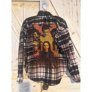 STRANGER THINGS Flannel Plaid Button Down Shirt Women Brown Black Size Small